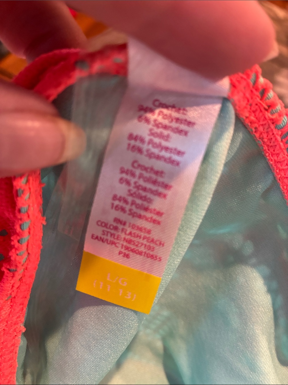 No Boundaries Size 11/13 Neon Coral Crochet One-Piece Swimsuit with Mint Trim - Picture 15 of 15